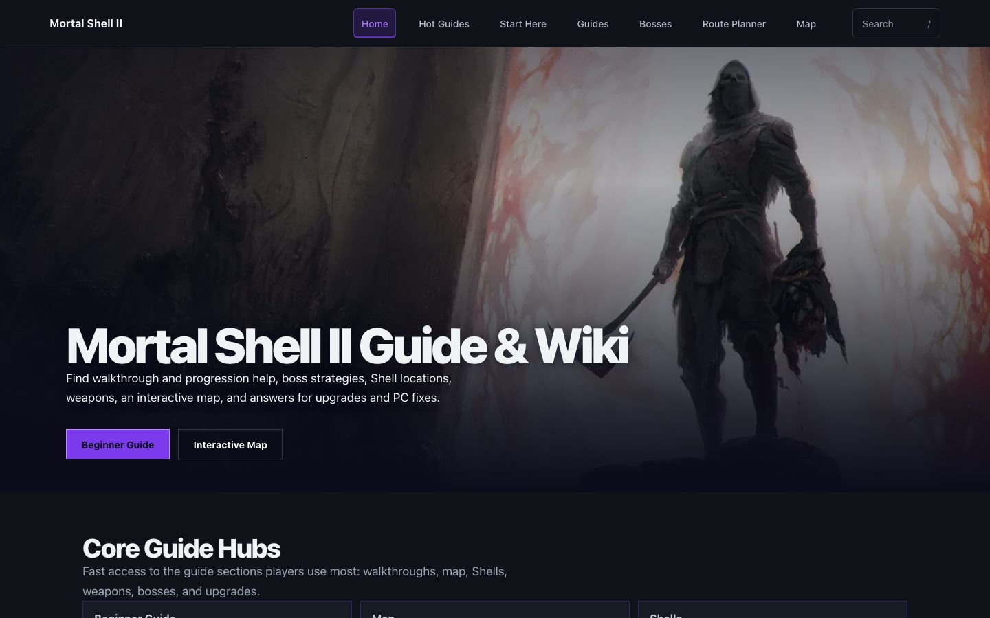 游戏攻略站示例:Mortal Shell II Guide & Wiki 首页